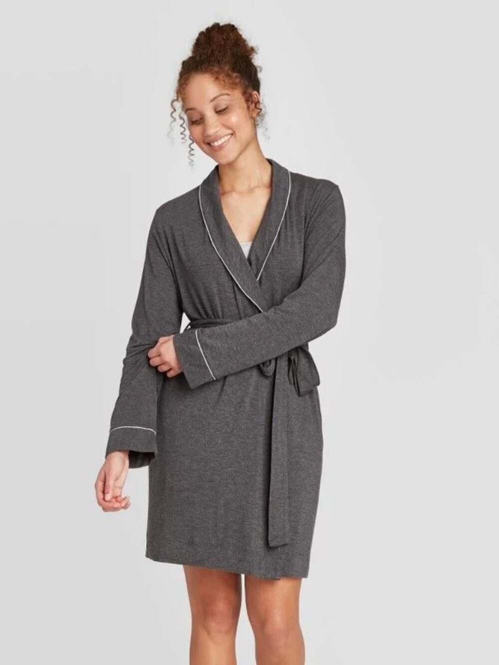 Stars Above Beautifully Soft Dark Grey Modal White Piped Trim Long Sleeve Robe